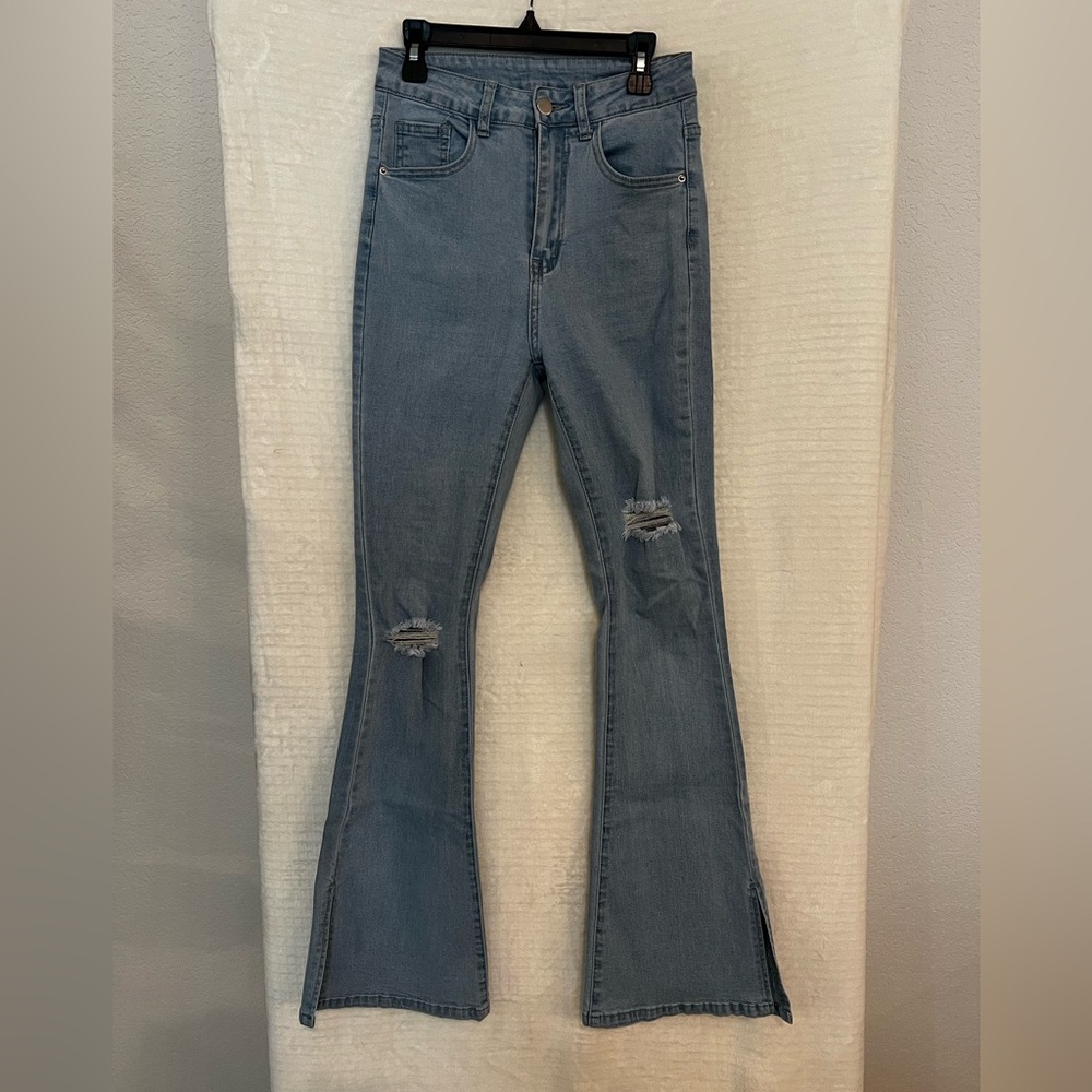 SHEIN Blue Distressed Flare Jeans